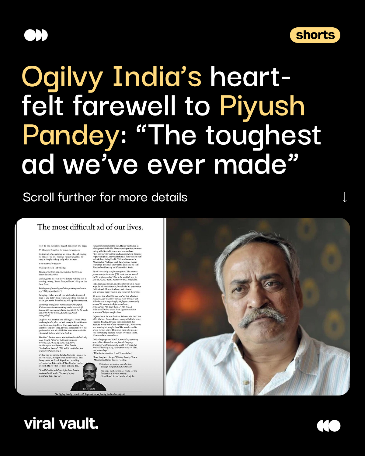 Ogilvy India bids an emotional farewell to the man who defined its spirit - Piyush Pandey. In a rare moment, the masters of storytelling found themselves at a loss for words. “The toughest ad we’ve ever made” isn’t just a campaign - it’s a love letter to the legend who made creativity timeless.
#OgilvyIndia #PiyushPandey #AdvertisingLegend #CreativeLegacy #TheToughestAd