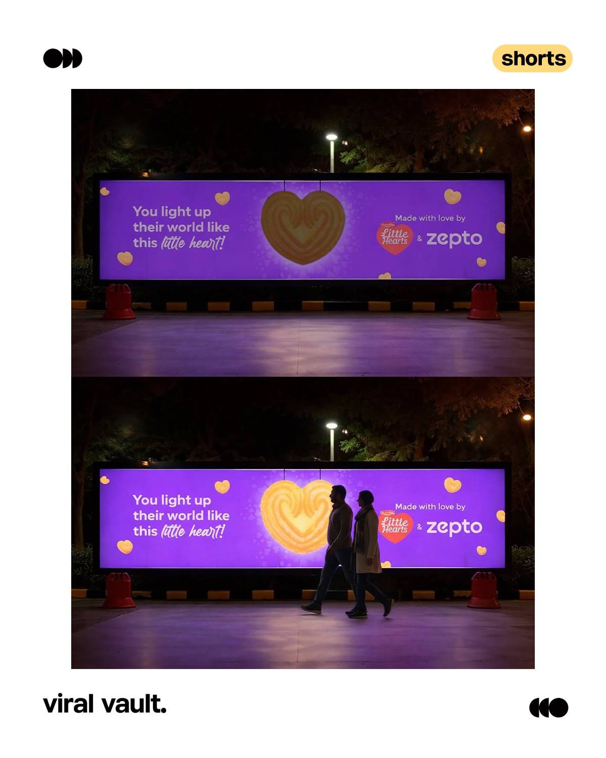 When love gets closer, it literally lights up.
Zepto teams up with Britannia Industries Limited’s Little Hearts to turn Valentine’s Day into a glowing moment, an OOH installation where the heart shines brighter as you step closer. Because some connections deserve instant delivery… and a little sparkle.
#ZeptoNow #LittleHearts #ValentinesDay #ViralVaultIndia #InsideTheVault