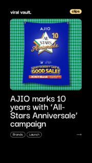 A decade of style and still asking the most relatable question in fashion, who doesn’t like a good sale? 

As AJIO turns 10, the ‘All-Stars Anniversale’ campaign brings together Exclusive Brands, Women’s Wear and lifestyle categories in a playful slice-of-life narrative that celebrates how great fashion and great deals have defined the brand’s journey over the last decade. 

Spotted this campaign on social, OTT or ATL yet?

#AJIO #AJIOAllStars #10YearsOfAJIO #FashionMarketing #ViralVaultIndia