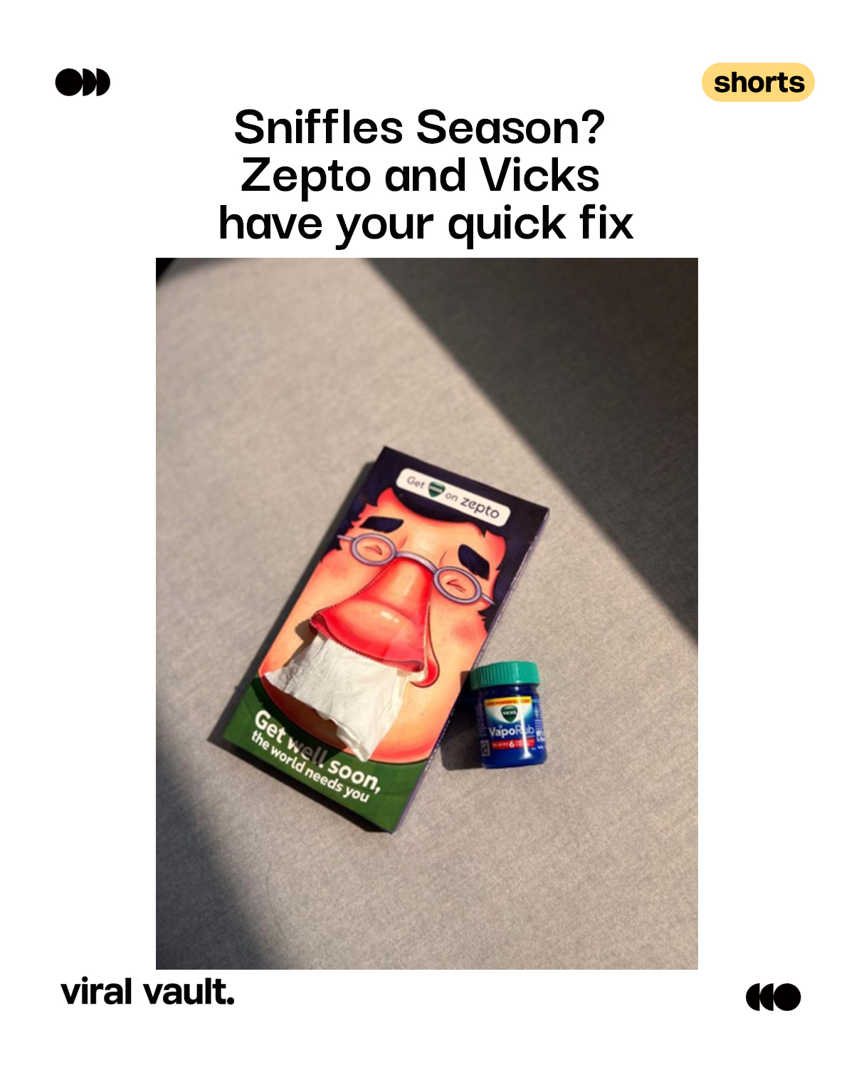 As the temperature rises, so does the sneeze count. To keep you ready for the changing weather, Zepto has teamed up with Vicks to quietly slip a thoughtful care package into your orders.
Creative tissue boxes and Vicks bottles, the small essentials that make a big difference, now arriving at your doorstep in minutes. Because sometimes, the fastest delivery is also the most caring one.
#Zepto #Vicks #WeatherCare #QuickCommerce #BrandCollab #ViralVaultIndia