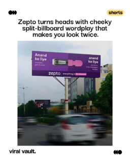 Double the meaning, double the take. Zepto plays with split visuals and cheeky wordplay, flipping a single product into two unexpected contexts, serving humour, surprise, and a clever reminder that you can get almost anything in minutes.
#Zepto #OutdoorAdvertising #BillboardCampaign #ViralVaultIndia