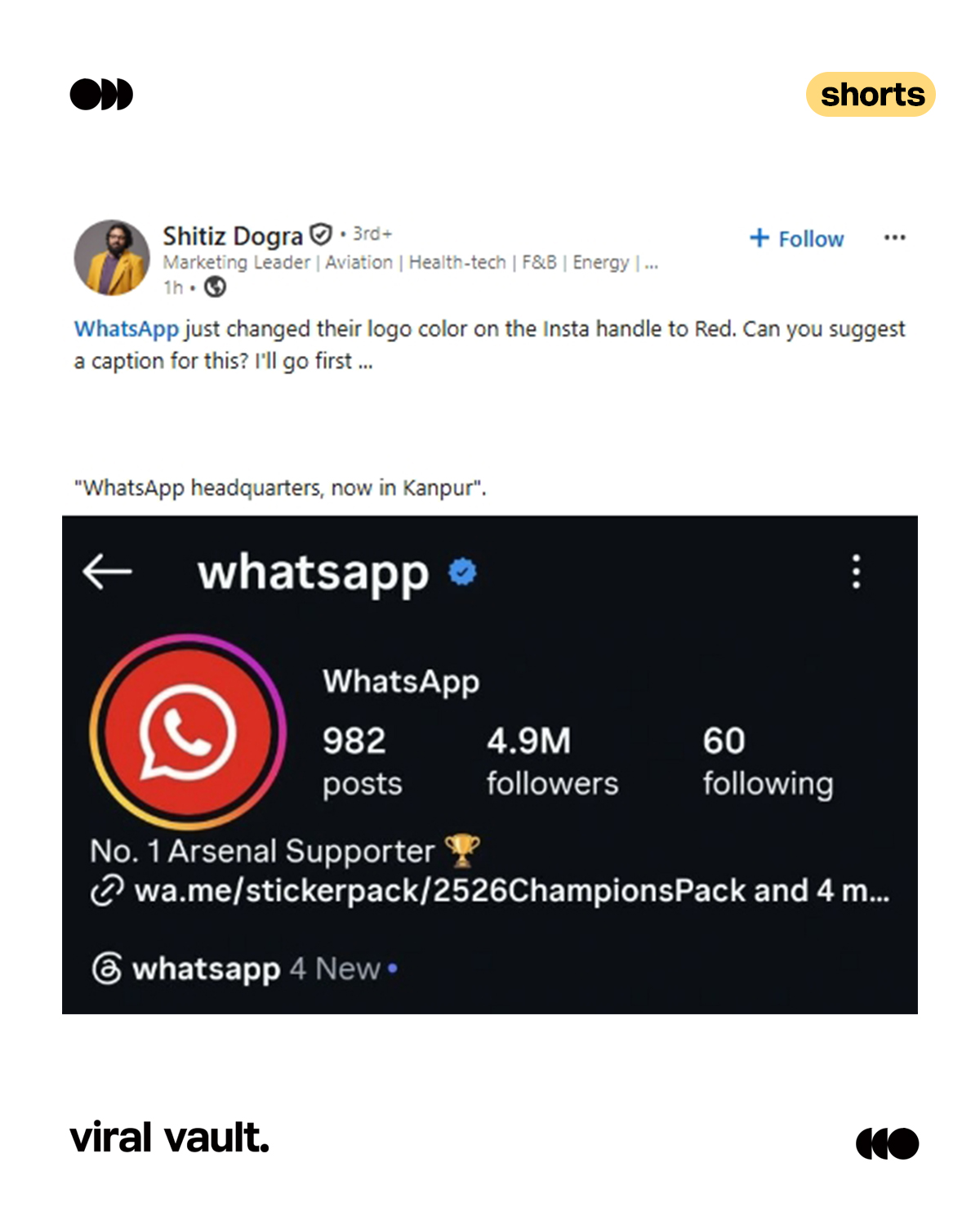 WhatsApp changing its Insta logo to red was enough for desi internet to start connecting the dots instantly.

Credit: Shitiz Dogra

#WhatsApp #InstagramUpdate #SocialMediaBuzz #ViralVaultIndia