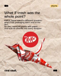 One wrapper. Two lives. KitKat Japan swapped plastic for paper, and turned every empty wrapper into an origami crane, a quiet symbol of hope folded right into your snack break. 

380 tons of plastic saved annually. 4 million KitKats sold daily in Japan alone. One small fold, one massive ripple.

Sustainability doesn't always need a billboard. Sometimes it just needs a fold and a little patience.

#KitKat #EcoInnovation #PlasticFreePackaging #UniquePackaging #viralvaultindia