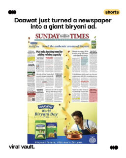 To celebrate World Biryani Day, Daawat transformed an entire newspaper front page into a sensory experience. Featuring Shah Rukh Khan, the campaign used aromatic visuals, flowing spices, and a QR code to bring readers one step closer to their next plate of biryani.

A print ad that didn't just grab attention, it whetted appetites.

Would this front-page campaign make you order biryani?

#Daawat #WorldBiryaniDay #ShahRukhKhan #ViralVaultIndia
