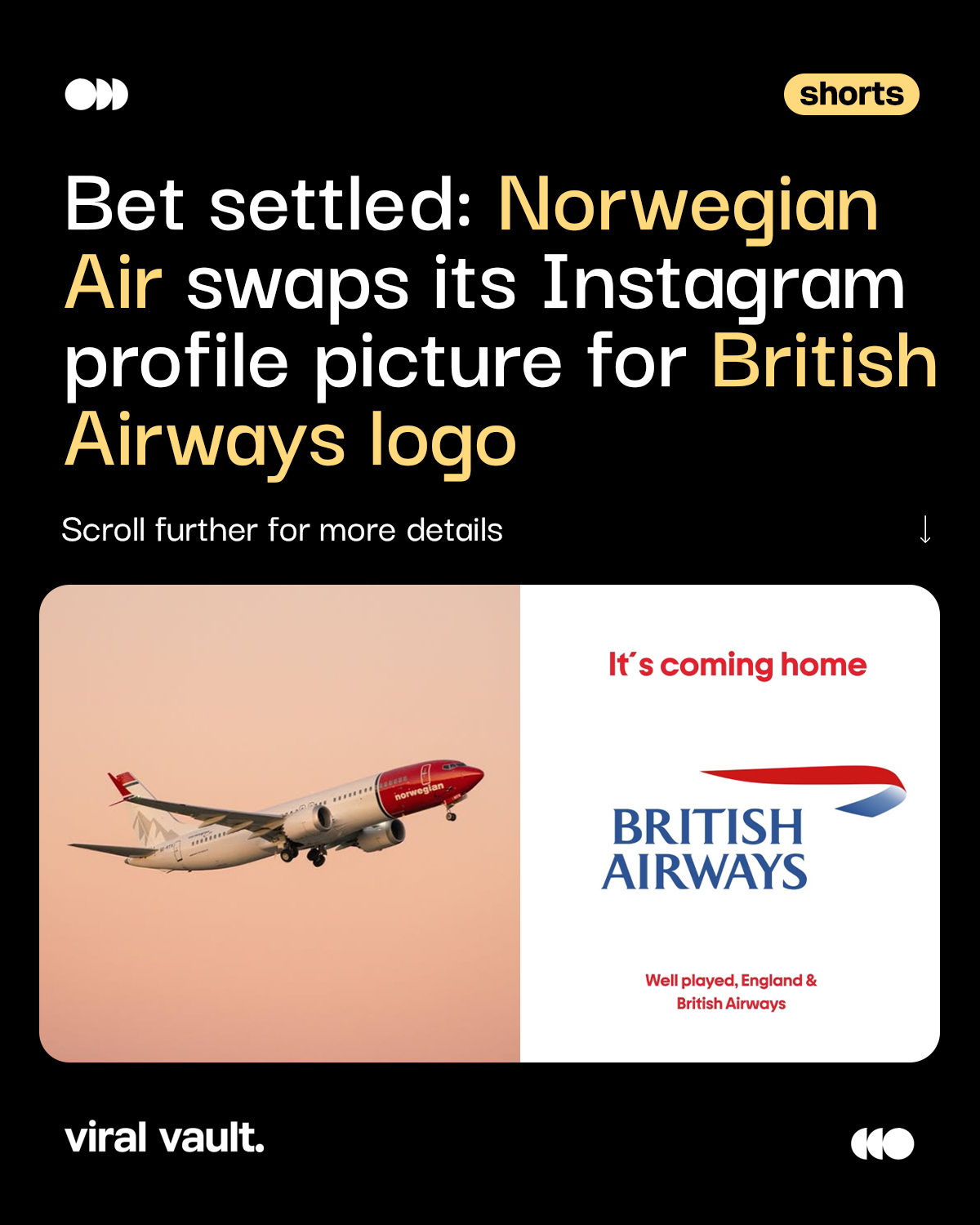 A friendly wager. A World Cup result. A promise kept. 

It all began when Norwegian Air challenged British Airways to swap Instagram profile pictures for a day if Norway defeated England in the World Cup quarterfinal. British Airways accepted the challenge, and when England emerged victorious, Norwegian Air stayed true to its word, replacing its Instagram profile picture with the British Airways logo.

A playful rivalry, a clever social media moment, and a reminder that great brand engagement often comes from simply having fun with your audience.

#BritishAirways #NorwegianAir #whatsbuzzing #ViralVaultIndia 

[Norwegian, British Airways, FIFA, World Cup 2026, Norway vs England, logo, social media marketing, sports marketing, airline marketing, marketing campaign, football marketing, brand engagement, creative marketing, marketing trends, Marketing Strategy, Marketing Campaign, Brand Wars, Moment Marketing]