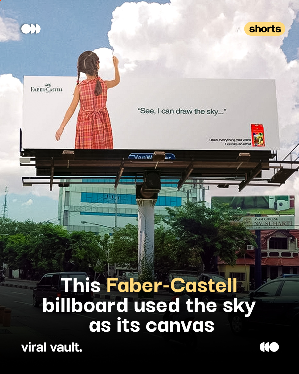 Sometimes the best billboard isn't limited by its frame. Faber-Castell transformed the sky into its canvas, using the open skyline to showcase the richness of its colours. Instead of simply advertising the product, the brand made the environment part of the creative, proving that the most memorable outdoor campaigns are the ones that blend seamlessly with their surroundings.
#FaberCastell #BillboardDesign #OutdoorAdvertising #OOH #ViralVaultIndia