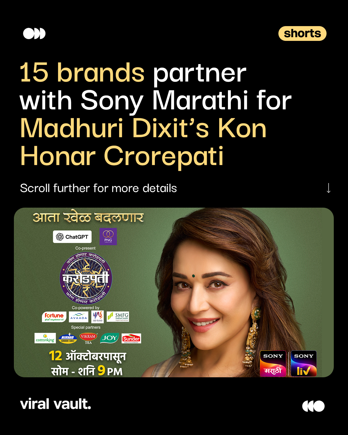 Madhuri Dixit’s debut as a game show host is bringing more than just the game to the table.

Sony Marathi’s Kon Honar Crorepati has onboarded 15 brands ahead of its October 12 premiere, including ChatGPT and PNG Jewellers as co-presenting sponsors, alongside brands from FMCG, finance, travel, technology and other categories.

With brands looking beyond traditional advertising, the show aims to create more meaningful integrations through content and audience experiences.

#KonHonarCrorepati #MadhuriDixit #SonyMarathi #ChatGPT #viralvaultindia 

[ Kon Honar Crorepati new season, Madhuri Dixit game show, Sony Marathi sponsorships, ChatGPT brand partnership, PNG Jewellers sponsorship, 15 brands on Kon Honar Crorepati, television advertising, entertainment marketing, brand integration in television, Indian marketing news ]