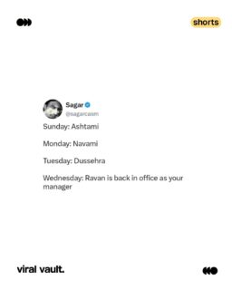 Three days of festivities, and one day of reality. Ravan may have burned, but the manager is very much alive. 

#ViralVaultIndia #Dussehra #OfficeLife #TrendingMemes #CorporateMemes